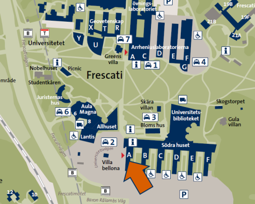Karta över Frescati, för att hitta till Naturvetenskapliga fakultetskansliet i Södra huset, Hus A